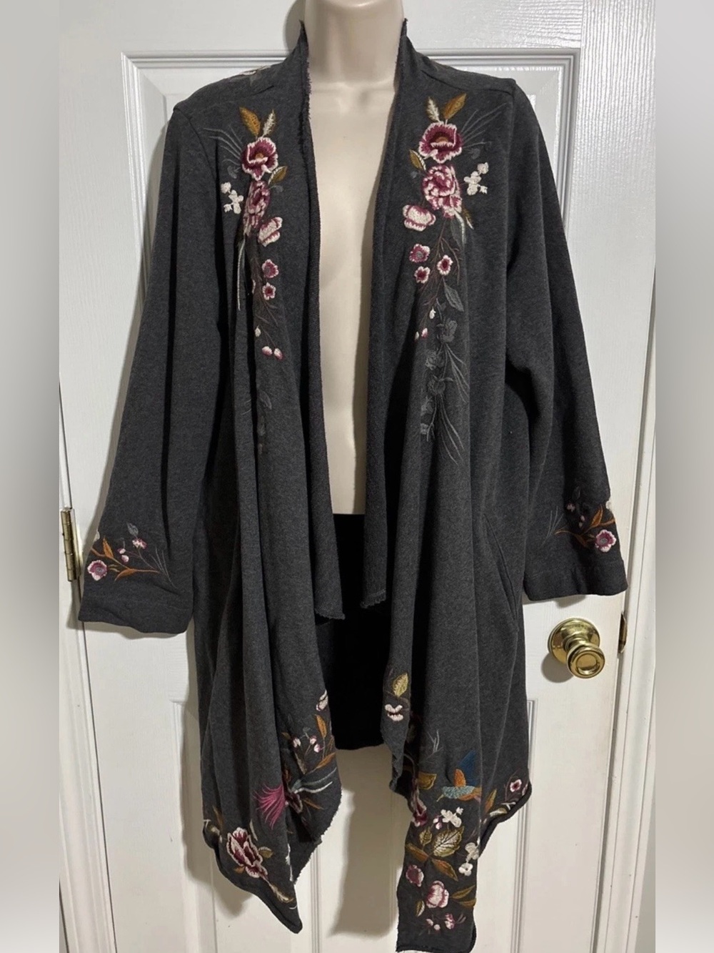 Johnny Was Embroidered Floral Birds Draped Evan Cardigan Open Front Size L -Grey